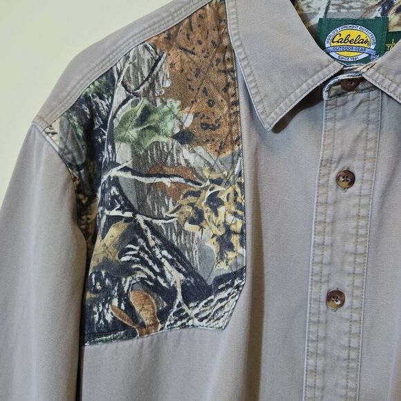 Cabelas Mens Shooting Shirt L Tall Button Up Quilted Shoulder Camo Tan Canvas - Picture 4 of 14